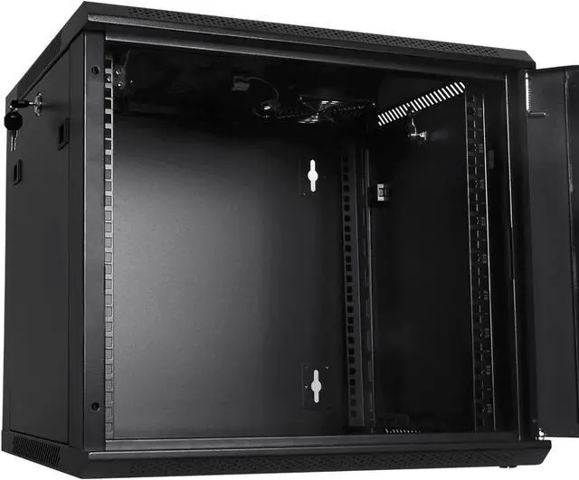 Alt view image 5 of 7 - RackPath 9U Wall Mount Server Cabinet Network Rack Enclosure, Quiet Cooling Fan, Perforated Door, Black