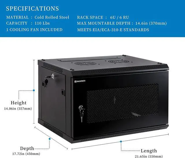 Alt view image 2 of 7 - RackPath 6U Wall Mount Server Cabinet Network Rack Enclosure, Quiet Cooling Fan, Perforated Door, Black