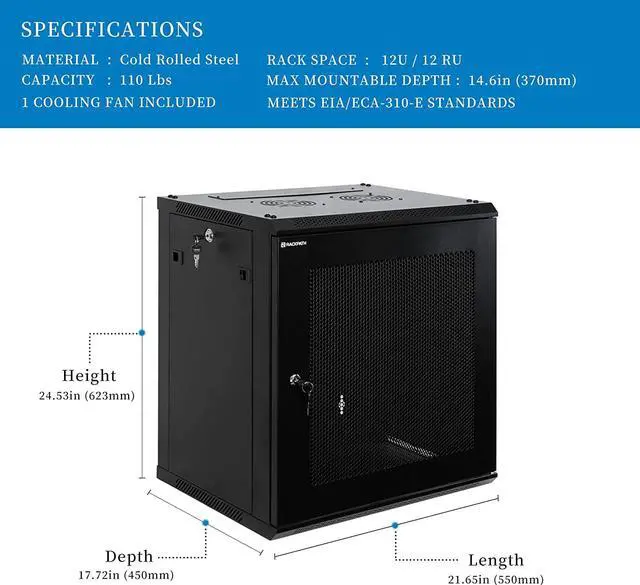 Alt view image 2 of 7 - RackPath 12U Wall Mount Server Cabinet Network Rack Enclosure, Quiet Cooling Fan, Perforated Door, Black