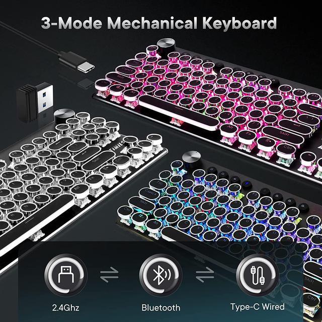 Alt view image 2 of 7 - Wireless Typewriter Keyboard Mechanical TKL, 2.4G/BT5.0/Wired WM87 Retro Vintage Gaming Keyboard Typewriter Style with Punk Round Keycaps True RGB Backlit and 2 Control Knobs, Clicky Switch, Win/Mac