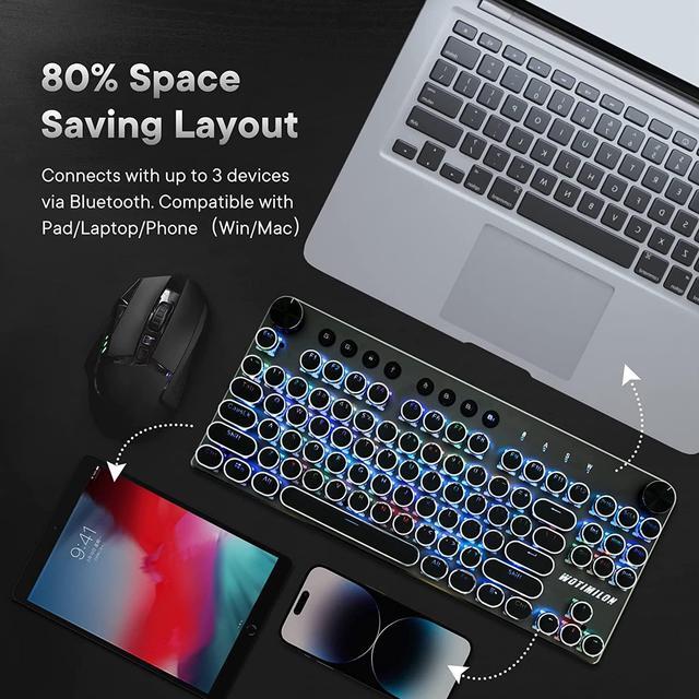 Alt view image 5 of 7 - Wireless Typewriter Keyboard Mechanical TKL, 2.4G/BT5.0/Wired WM87 Retro Vintage Gaming Keyboard Typewriter Style with Punk Round Keycaps True RGB Backlit and 2 Control Knobs, Clicky Switch, Win/Mac