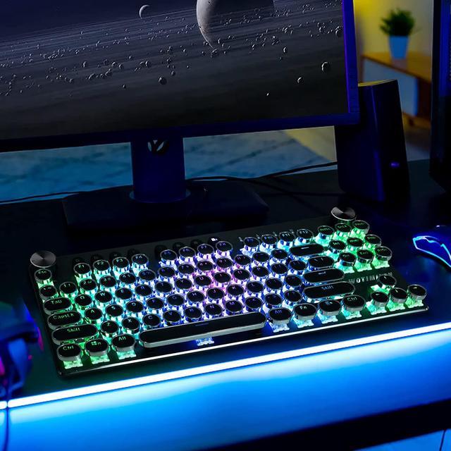 Alt view image 7 of 7 - Wireless Typewriter Keyboard Mechanical TKL, 2.4G/BT5.0/Wired WM87 Retro Vintage Gaming Keyboard Typewriter Style with Punk Round Keycaps True RGB Backlit and 2 Control Knobs, Clicky Switch, Win/Mac