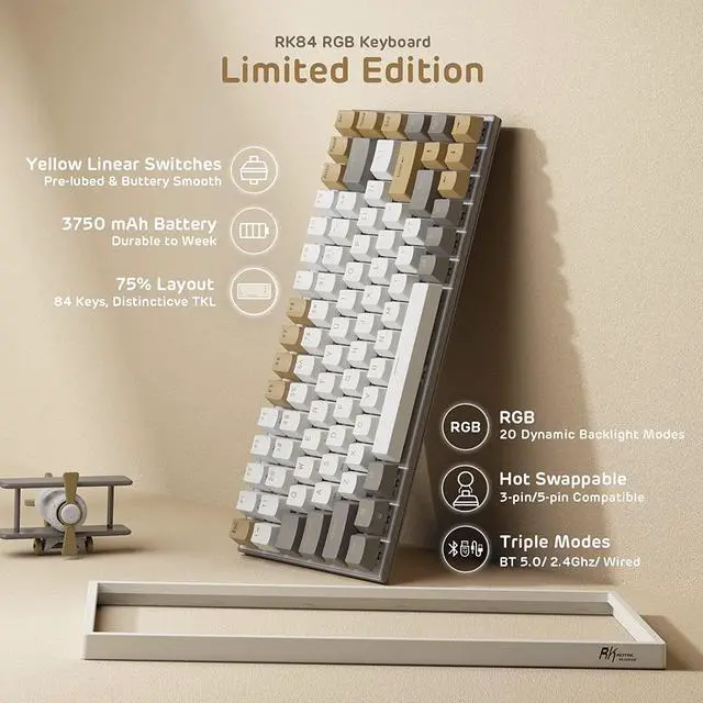 Alt view image 2 of 7 - RK ROYAL KLUDGE RK84 RGB Limited Ed, 75% Triple Mode BT5.0/2.4G/USB-C Hot Swappable Mechanical Keyboard, 84 Keys Wireless Gaming Keyboard, RK Yellow Switch, Macchiato White