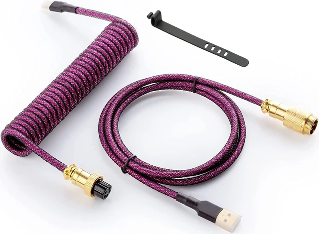 Main image of GUNMJO Starlight Coiled USB C Keyboard Cable for Gaming Keyboard, Double-Sleeved Mechanical Keyboard Cable with Detachable Metal Aviator, 1.5M USB-C to USB-A, Purple Color with Gold Aviator Connector