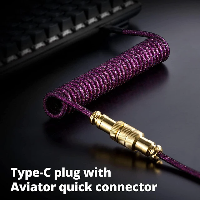 Alt view image 3 of 6 - GUNMJO Starlight Coiled USB C Keyboard Cable for Gaming Keyboard, Double-Sleeved Mechanical Keyboard Cable with Detachable Metal Aviator, 1.5M USB-C to USB-A, Purple Color with Gold Aviator Connector