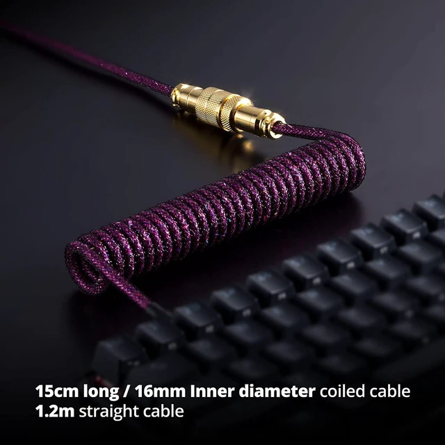 Alt view image 4 of 6 - GUNMJO Starlight Coiled USB C Keyboard Cable for Gaming Keyboard, Double-Sleeved Mechanical Keyboard Cable with Detachable Metal Aviator, 1.5M USB-C to USB-A, Purple Color with Gold Aviator Connector