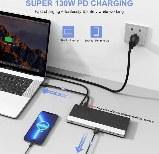 Alt view image 3 of 7 - WAVLINK USB C Docking Station 4K Triple Display (2 HDMI + 1 Displayport) with 100W PC Charging, Gigabit Ethernet, 4 USB 3.0, SD/TF Card Slot, Audio, for  HP MacBook Lenovo and Other USB C Laptops