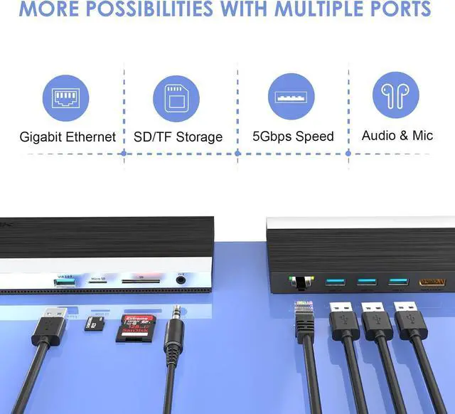Alt view image 5 of 7 - WAVLINK USB C Docking Station 4K Triple Display (2 HDMI + 1 Displayport) with 100W PC Charging, Gigabit Ethernet, 4 USB 3.0, SD/TF Card Slot, Audio, for  HP MacBook Lenovo and Other USB C Laptops