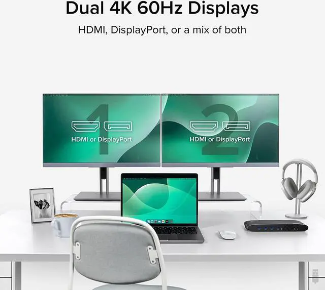 Alt view image 3 of 7 - Plugable Universal Laptop Docking Station, 4K Dual Monitor, DisplayPort or HDMI, Windows Mac or ChromeOS Laptops, USB-C or USB 3.0, Adds 2 Displays, Ethernet, Audio, 6 USB Ports