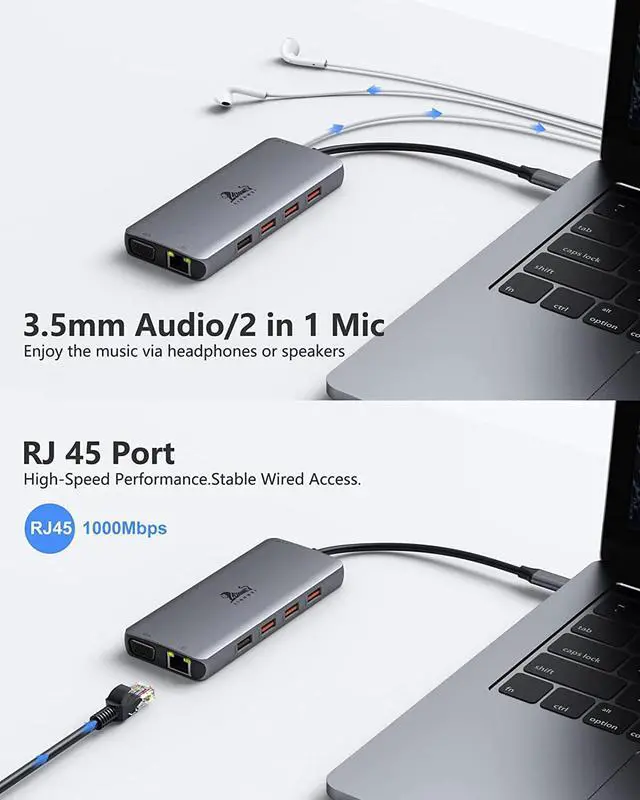 Alt view image 6 of 7 - USB C Docking Station Dual Monitor, 11-in-1 USB-C Laptop Docking Station to Dual 4K HDMI,VGA,Gigabit Ethernet,3 * 10G USB 3.1,2*USB 2.0,87W PD,3.5mm Audio/Mic for Dell/Surface/HP/Lenovo Laptops
