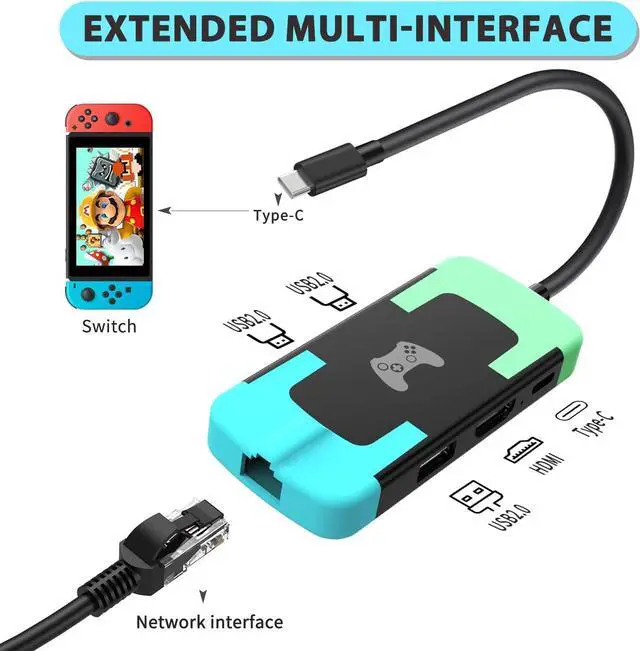 Alt view image 3 of 6 - D.Gruoiza Switch Dock, Portable TV Ethernet LAN Adapter for Switch/OLED,Replace Switch Docking Station, HDMI Adapter with Ethernet LAN/USB/Type-C (Blue and Green)
