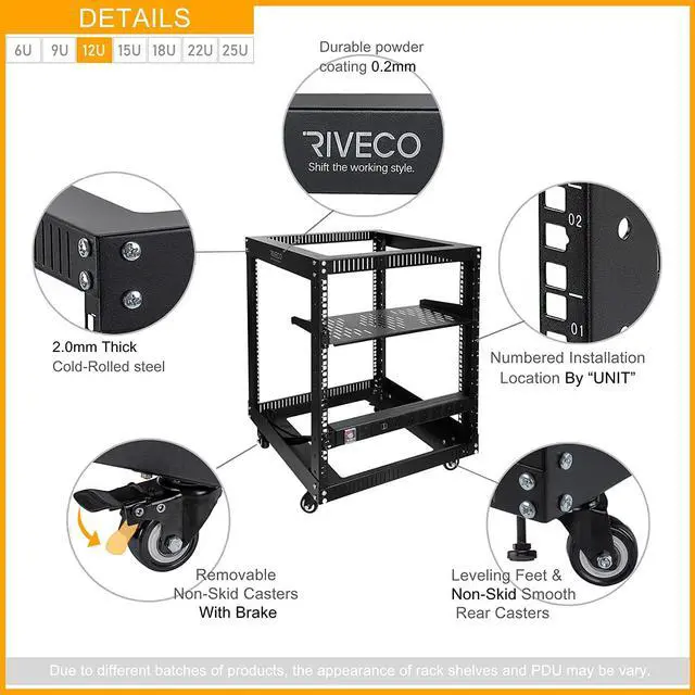 Alt view image 4 of 5 - RIVECO 12U Server Rack Open Frame with Wheels + PDU (8 Outlets) Power Strip Surge Protector +1 Shelf Cantilever Tray Set Black