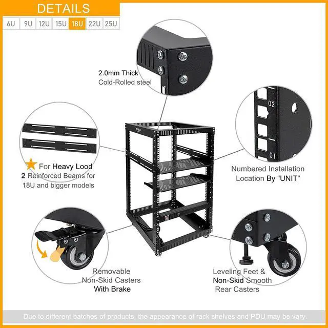 Alt view image 4 of 5 - RIVECO 18U Open Frame Server Rack with Brake Casters + PDU (8 Outlets) Power Strip Surge Protector + 2 Pcs Shelves Cantilever Tray Set Black