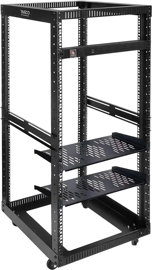 Main image of RIVECO 25U Open Frame Server Rack with Wheels + PDU (8 Outlets) Power Strip Surge Protector (2pcs Rack Shelves +1 PDU, 25U)