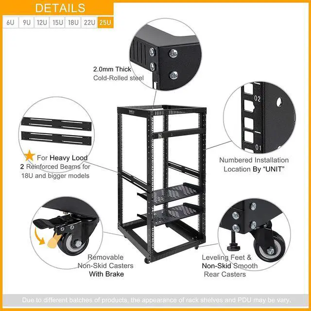Alt view image 4 of 5 - RIVECO 25U Open Frame Server Rack with Wheels + PDU (8 Outlets) Power Strip Surge Protector (2pcs Rack Shelves +1 PDU, 25U)