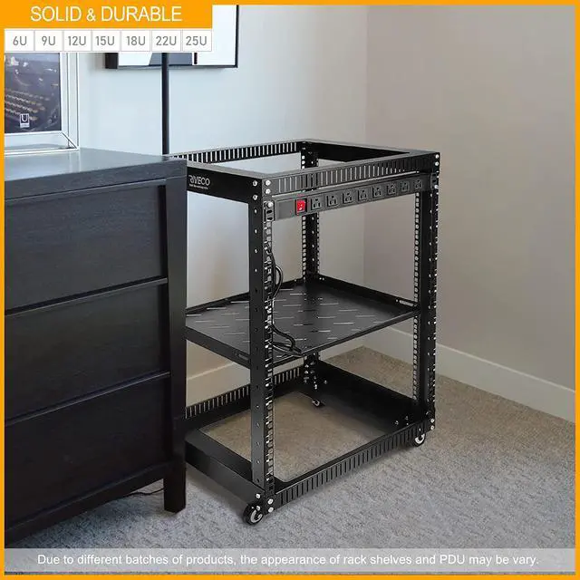 Alt view image 5 of 5 - RIVECO 25U Open Frame Server Rack with Wheels + PDU (8 Outlets) Power Strip Surge Protector (2pcs Rack Shelves +1 PDU, 25U)