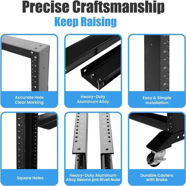Alt view image 2 of 5 - Rising Electronics Open Rack 15U 20U 28U 32U 42U 4 Post Open Frame 19-Inch Data Network Desktop Server/Audio Rack(28U, 17" Depth)
