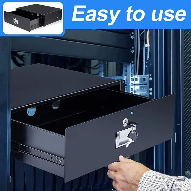Alt view image 2 of 7 - Server Cabinet Case Drawer Metal Rack Mount Tool Drawer 19 Inch Rack Mount DJ Locking Lockable Deep Drawer with Key for Enclosure Server Rack Cabinet Black (3U)