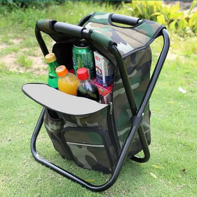 Alt view image 2 of 7 - Folding Camping Chair Stool Backpack with Cooler Insulated Picnic Bag, Hiking Camouflage Seat Table Bag Camping Gear, Outdoor Fishing Hunting Gifts for Men