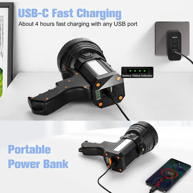 Alt view image 5 of 7 - YIERBLUE Rechargeable spotlight, Super Bright 1000,000 LM LED Flashlight Handheld spotlight 10000mAh Long Lasting Large Flashlight Searchlight and Flood Camping Flashlight with Foldable Tripod Black