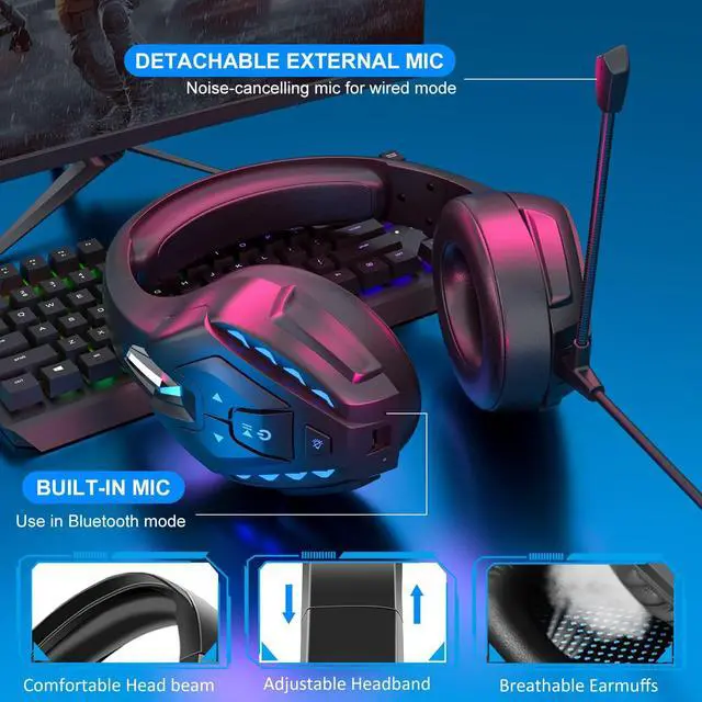 Alt view image 4 of 6 - PHOINIKAS Wireless Bluetooth Gaming Headset, Stereo Over Ear Headphones with Detachable Noise Canceling Mic, 3.5mm Cable Wired for PS4, Xbox One, PC, Nintendo Switch, Bluetooth for Phone, up to 40h