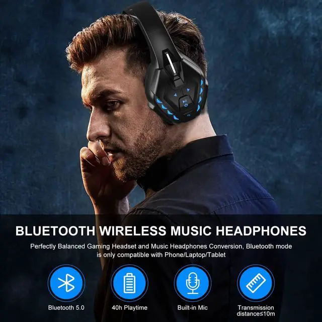 Alt view image 5 of 6 - PHOINIKAS Wireless Bluetooth Gaming Headset, Stereo Over Ear Headphones with Detachable Noise Canceling Mic, 3.5mm Cable Wired for PS4, Xbox One, PC, Nintendo Switch, Bluetooth for Phone, up to 40h