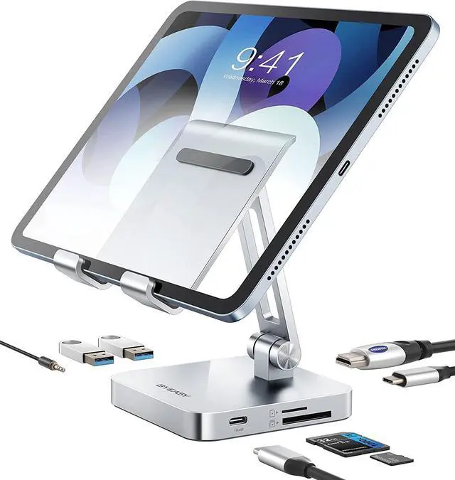 Main image of BYEASY iPad Pro USB C Hub with Stand, 7 in 1 USB-C Docking Station with 4K 30HZ HDMI, 3.5mm Audio Jack, 60W PD Charging, 2 x USB 3.0, SD/TF Card Reader, for iPad Pro 2021-2018/Macbook Pro 2017-2019