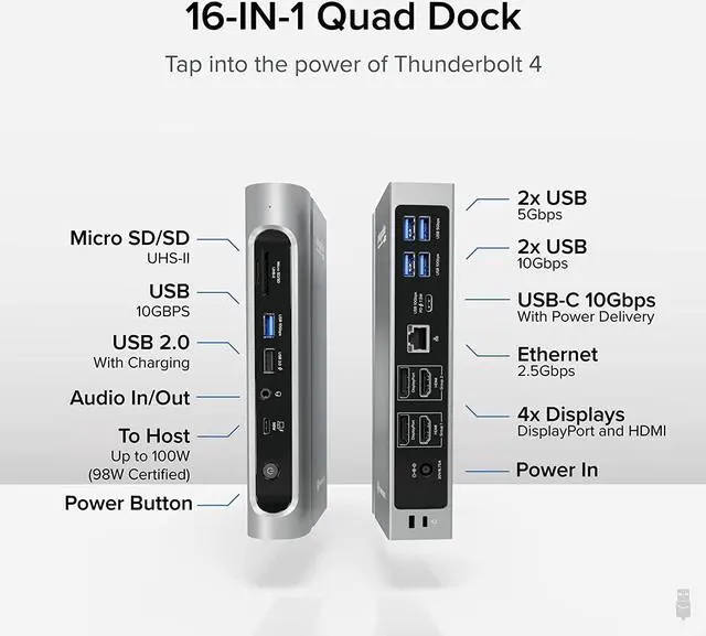 Alt view image 2 of 7 - Plugable 16-in-1 Thunderbolt 4 Dock with 100W Charging, Quad 4K Monitor Setup for Thunderbolt 4 Windows, Dual 4K Monitor for Thunderbolt 4 Mac, 2X HDMI, 2X DisplayPort, 2.5G Ethernet, 7X USB, SD