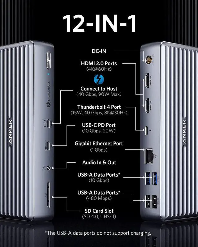 Alt view image 2 of 6 - Anker Apex 12-in-1 Thunderbolt 4 Dock, Max 90W Charging for Laptop, 20W Power Delivery, Single 8K, Triple 4K Display, 2 USB-A 3.1 Gen 2, 2 USB 2.0, Ethernet, Audio, SD 4.0, for Thunderbolt 4 Laptops