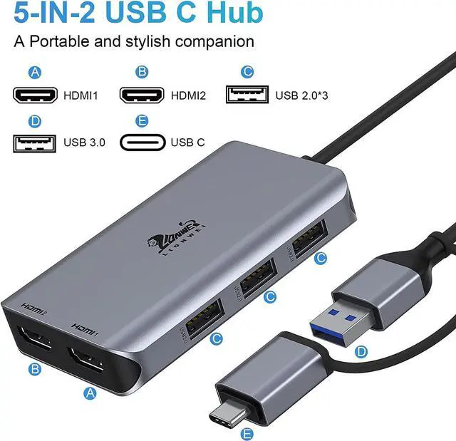 Alt view image 4 of 7 - LIONWEI USB 3.0 to Dual HDMI Docking Station for Windows & macOS, USB C Adapter 2 Monitor Splitter for MacBook Pro/Air/M1/M2/Dell/HP/Lenovo/Surface