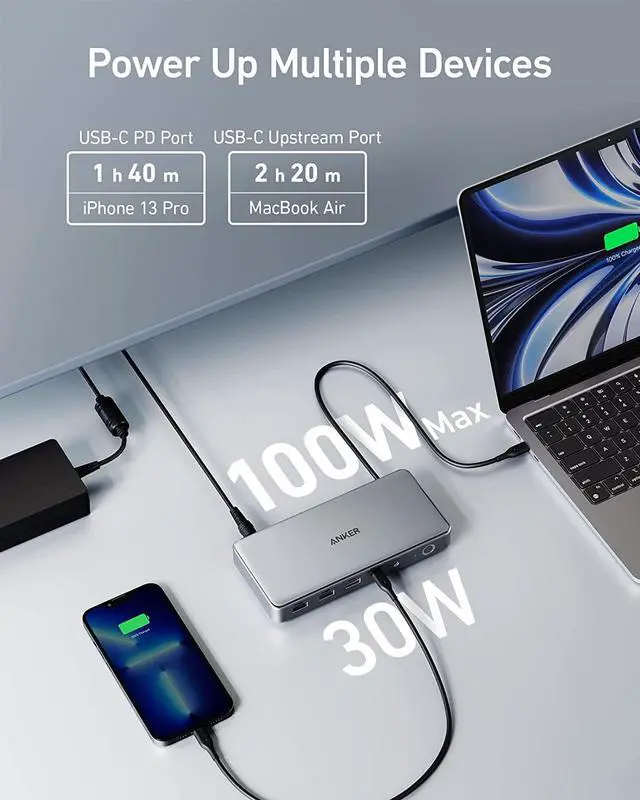 Alt view image 4 of 6 - Anker Triple Display Docking Station for M1 MacBooks, 563 USB C Docking Station (10-in-1), with Dual HDMI Ports and DisplayPort, 100W Charging for Laptop, 30W Charging for Phone, 5 Gbps Data Transfer