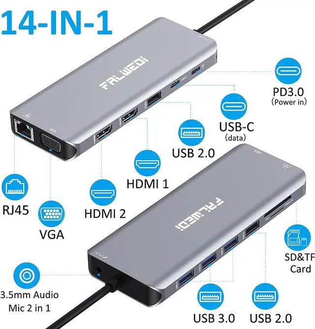 Alt view image 2 of 7 - USB C Laptop Docking Station, 14 in 1 Type C Hub Multiport Adapter Dongle with 3 Monitors, Dual HDMI, VGA, PD, Ethernet, SD/TF, USB C/A Ports, Mic/Audio, Compatible for Dell/Surface/HP/Lenovo Laptops