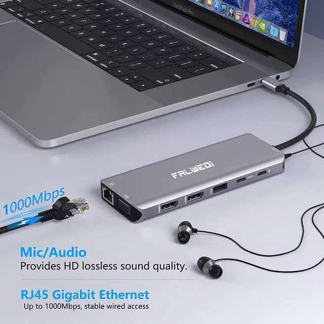 Alt view image 7 of 7 - USB C Laptop Docking Station, 14 in 1 Type C Hub Multiport Adapter Dongle with 3 Monitors, Dual HDMI, VGA, PD, Ethernet, SD/TF, USB C/A Ports, Mic/Audio, Compatible for Dell/Surface/HP/Lenovo Laptops