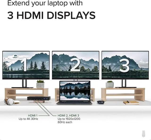 Alt view image 2 of 7 - USB C Triple Display Docking Station with Laptop Charging for Thunderbolt USB4 or USB C Systems Compatible with Windows macOS ChromeOS laptops (3X HDMI 6X USB 5Gbps Ports 60W USB PD)