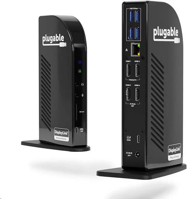 Main image of Plugable 14-in-1 USB C Docking Station with 4X HDMI, Quad Dock with 100W Charging, 4X HDMI Displays, Compatible with Windows, Thunderbolt, USB-C (4X USB, 1x USB-C, Ethernet, SD Card, Audio)