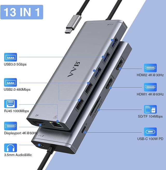 VVB USB C Docking Station Double Display USB C Hub HP Dell 8 in 1
