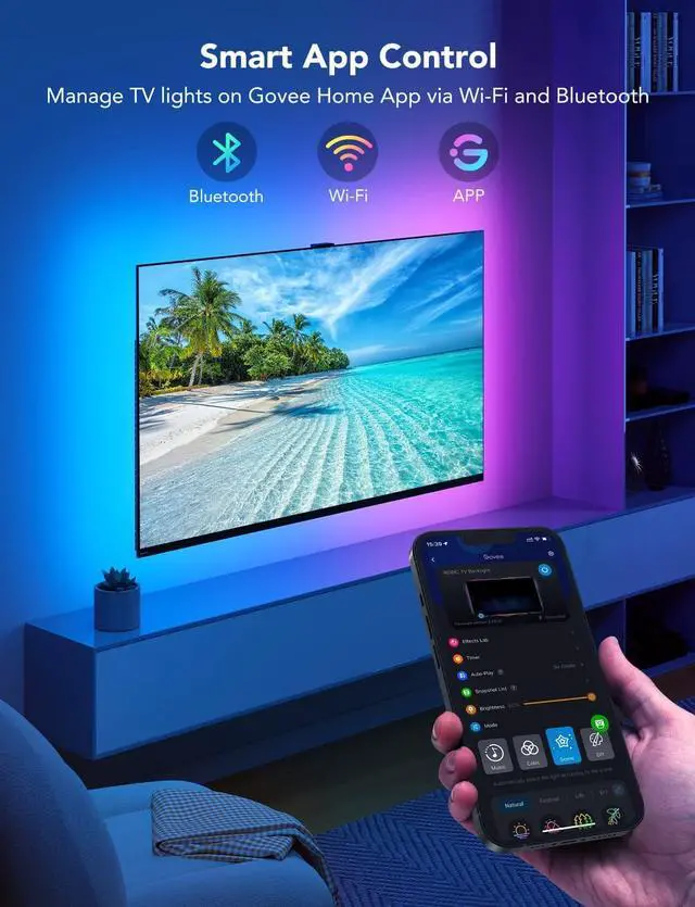 Alt view image 4 of 7 - TV LED Backlight RGBIC Smart LED Strip Lights for 55-65 Inch TVs Bluetooth and Wi-Fi APP Control Works with Alexa & Google Assistant Music Sync 99+ Scene Modes Adapter