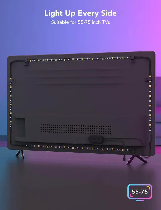 Alt view image 7 of 7 - TV LED Backlight RGBIC TV Backlight for 55-75 inch TVs Smart LED Lights for TV with Bluetooth and Wi-Fi Control Works with Alexa & Google Assistant Music Sync 99+ Scene Modes Adapter