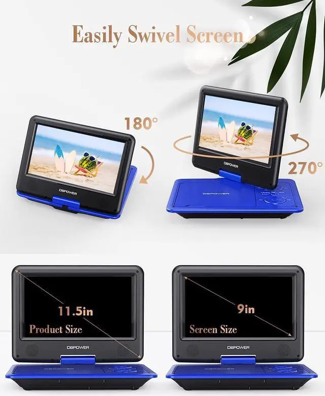 Alt view image 4 of 7 - Portable DVD Player, 5-Hour Built-in Rechargeable Battery, 9" Swivel Screen, Support CD/DVD/SD Card/USB, with Remote Control, 1.8M Car Charger, Power Adaptor and Car Headrest (Blue)