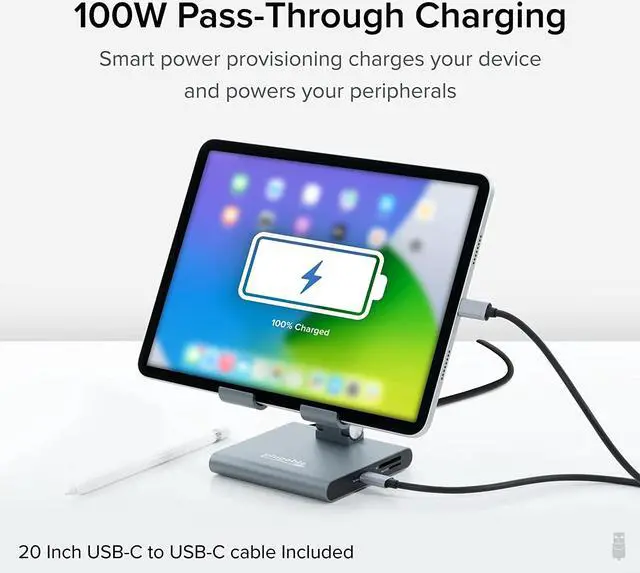 Alt view image 4 of 7 - Plugable 8-in-1 USB C Hub for iPad with Stand, 100W Pass-Through Charging, USB C Docking Station for iPad, 1x HDMI, 2X USB, Audio, SD, Driverless, Compatible with Windows, iPadOS, Phones, Tablets