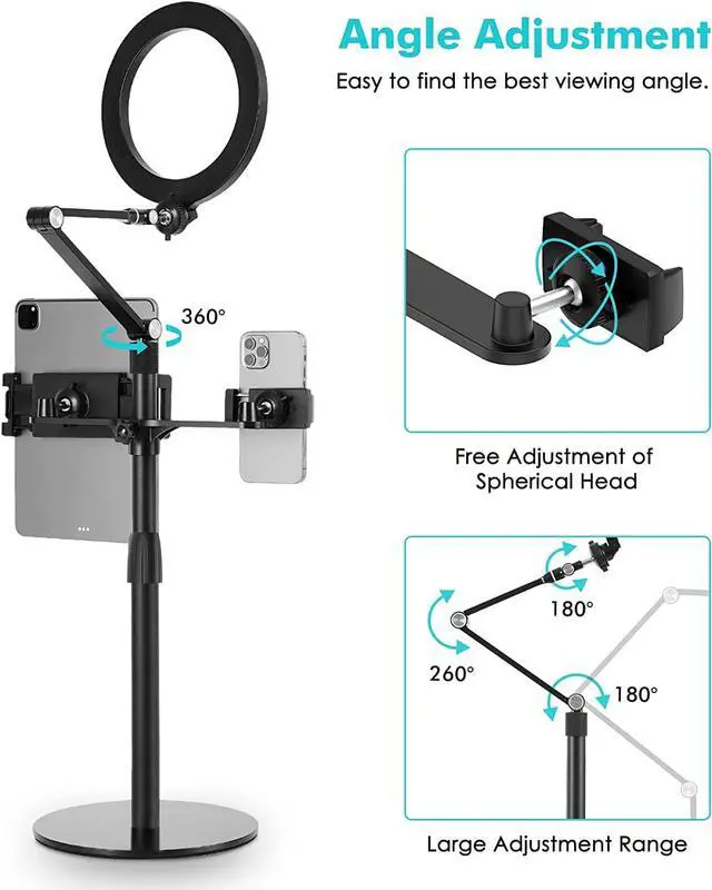 Alt view image 3 of 7 - 3-in-1 Selfie Desktop Live Stand, Height Adjustable/Overhead, 8" LED Ring Light, Compatible with 3.5-13" Tablet& Phone, Suitable for YouTube/Tiktok/Recording/Streaming/Online Meeting-B