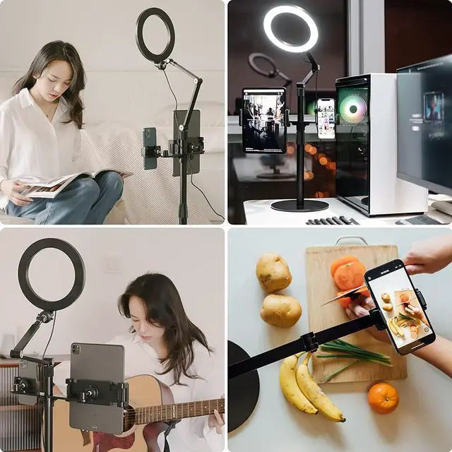 Alt view image 2 of 7 - 3-in-1 Selfie Desktop Live Stand, Height Adjustable/Overhead, 8" LED Ring Light, Compatible with 3.5-13" Tablet& Phone, Suitable for YouTube/Tiktok/Recording/Streaming/Online Meeting-B