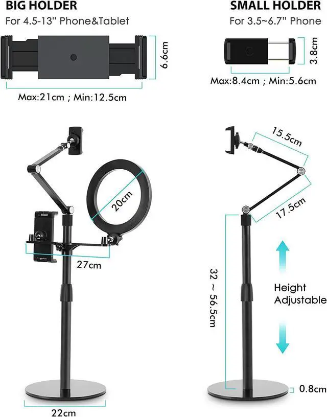 Alt view image 5 of 7 - 3-in-1 Selfie Desktop Live Stand, Height Adjustable/Overhead, 8" LED Ring Light, Compatible with 3.5-13" Tablet& Phone, Suitable for YouTube/Tiktok/Recording/Streaming/Online Meeting-B