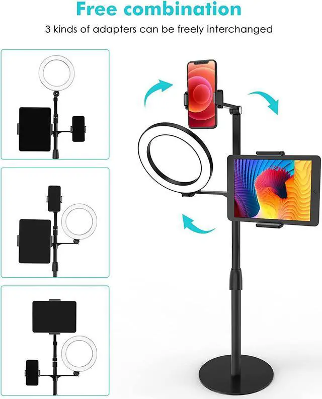 Alt view image 7 of 7 - 3-in-1 Selfie Desktop Live Stand, Height Adjustable/Overhead, 8" LED Ring Light, Compatible with 3.5-13" Tablet& Phone, Suitable for YouTube/Tiktok/Recording/Streaming/Online Meeting-B
