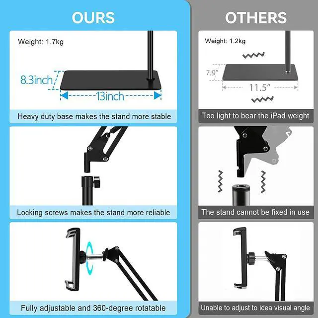 Alt view image 4 of 7 - Tablet Floor Stand Adjustable Universal 360-degree Rotatable Metal Tablet Holder Compatible with iPad/iPhoneX/iPad Pro or Other 5.5~12.9 Inches Devices (Black)