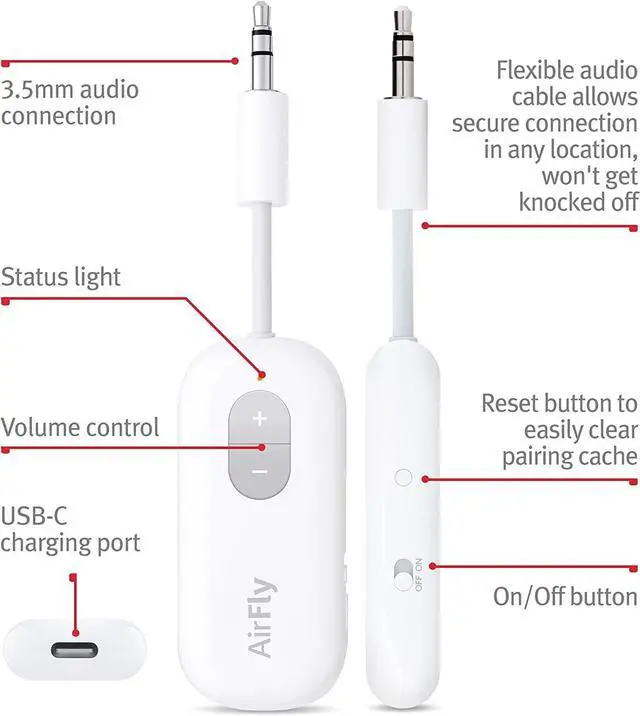 Alt view image 3 of 7 - AirFly SE | Bluetooth Wireless Transmitter/Adapter for AirPods/Wireless or Noise-Cancelling Headphones use on Airplanes and Gym Equipment 20+ hr Battery Life