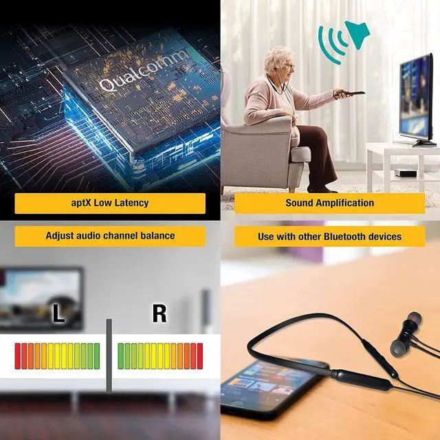 Alt view image 5 of 6 - HomeSpot Wireless Neckband Headphones for TV Watching with Bluetooth 5.3 aptX LL Transmitter No Delay Lightweight High Volume Ideal for Seniors 3.5mm Aux RCA TOSLINK Optical