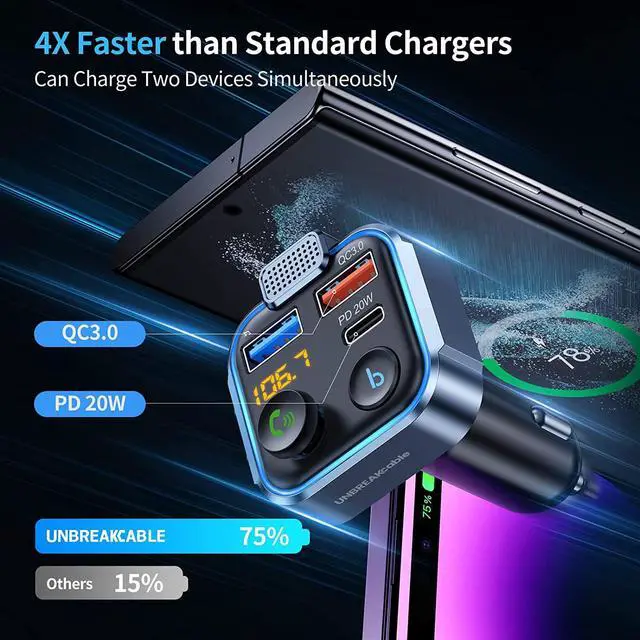Alt view image 3 of 7 - UNBREAKcable Bluetooth 5.3 FM Transmitter for Car, [PD 20W + QC 3.0] [Stronger Microphone & HiFi Bass Sound] Cigarette Lighter Radio Music Adapter Charger, Supports Hands-Free Siri Google Assistant