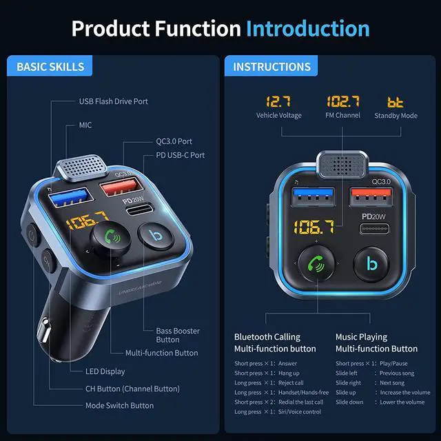 Alt view image 4 of 7 - UNBREAKcable Bluetooth 5.3 FM Transmitter for Car, [PD 20W + QC 3.0] [Stronger Microphone & HiFi Bass Sound] Cigarette Lighter Radio Music Adapter Charger, Supports Hands-Free Siri Google Assistant