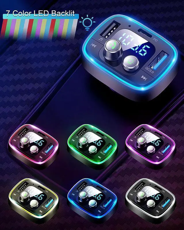Alt view image 2 of 7 - Bluetooth Adapter for Car Wireless FM Radio Transmitter Handsfree Calling & Audio Receiver MP3 Music Player QC3.0 & Type-C PD USB Car Charger 7 Colors LED Backlit